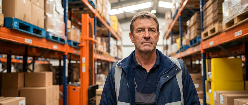 Middle-aged male warehouse worker standing between metal shelving units filled with cardboard boxes