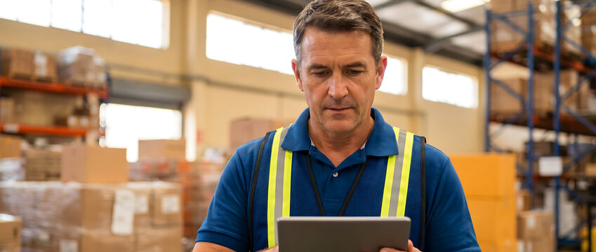 Warehouse manager holding tablet computer while checking inventory in distribution center