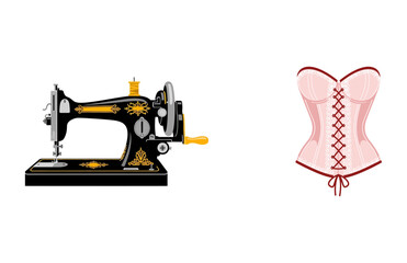 Naklejka premium Elegant vector collection featuring a traditional sewing machine and a stylish corsetry garment for crafting and fashion design