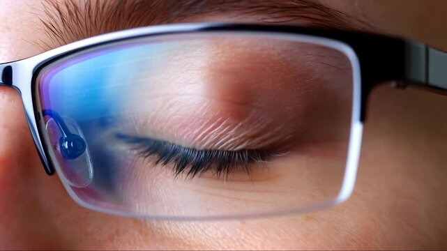 Eye close up through glasses reflecting a fast moving excel spreadsheet and flickering cursor showing intense focus in a workspace generative AI