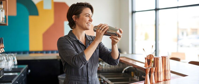 A female bartender smiles while shaking a cocktail shaker at the bar counter