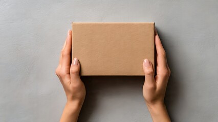 Obraz premium Hands holding a brown cardboard parcel.