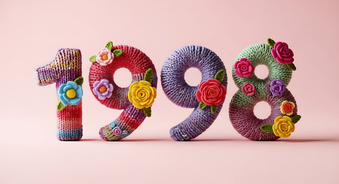 Year 1998 knitted numbers adorned with vibrant fabric flowers and leaves, festive year celebration