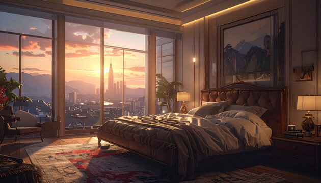 Luxury bedroom interior with city view