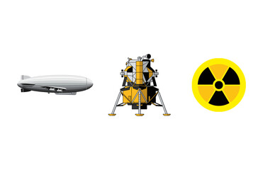 Iconic vector set classic airship, historic lunar lander, and atomic warning sign © Ari_studio