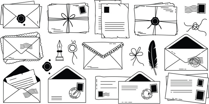 Vintage Letter and Envelope Icon Set Featuring Seals, Stamps, Feathers, and Postmarks for Postal and Retro Designs