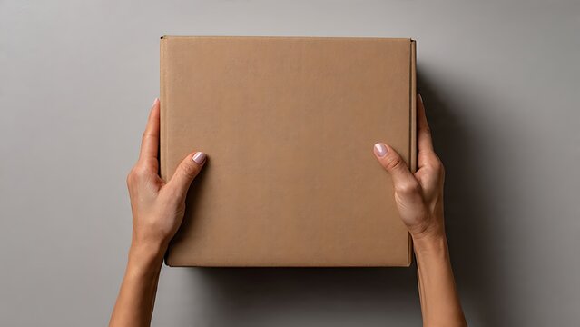 Person holding a cardboard parcel box.