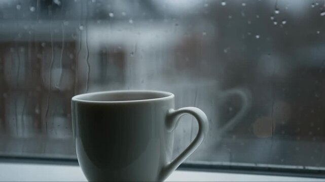 Steaming ceramic mug windowsill rain streaks glass city blurred grey steam curls intricate patterns cold window moody atmosphere warm cold contrast, generative AI