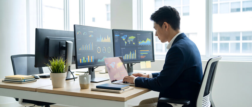 Businessman analyzing data charts at his desk with multiple computer screens in a modern office