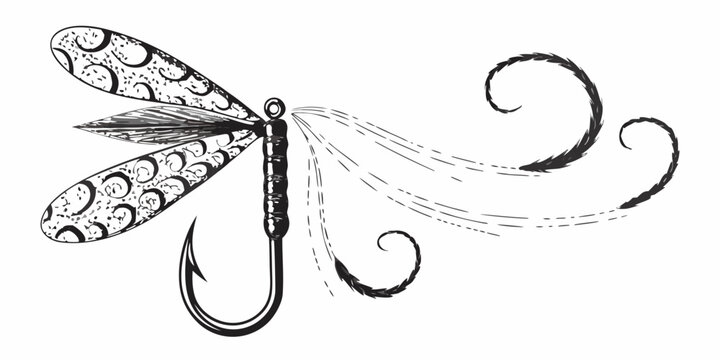 Fly fishing lure illustration artistic black and white drawing