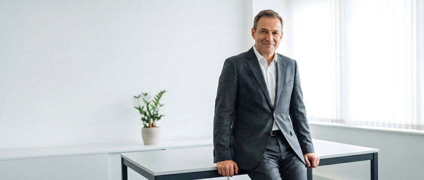 Middle-aged man in business suit leaning on desk with smile in modern office setting