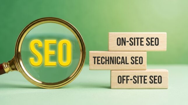 Magnifying glass with "SEO" text and wooden blocks showing "ON-SITE SEO", "TECHNICAL SEO", "OFF-SITE SEO" on a green background.