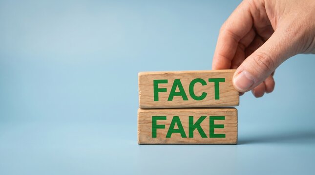 A person's hand places a wooden block with the word FACT over another block with FAKE on a light blue background. This composition highlights the contrast between truth and deception