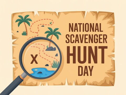 National scavenger hunt day illustration with treasure map and magnifying glass