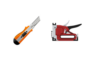 Naklejka premium Vector illustration of a box cutter and a red stapler on a white background