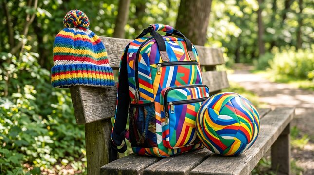 Colorful backpack, hat, and ball on a wooden park bench outdoors