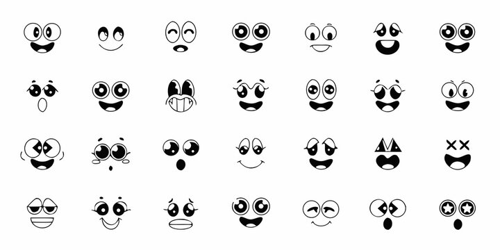 cartoon face grid eighteen black and white expressions on white background