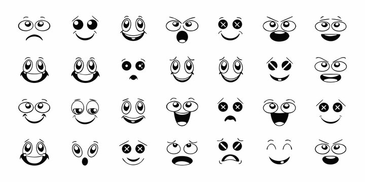 cartoon face grid eighteen expressions black and white