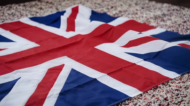Closeup of the Union Jack flag lying on a textured surface.
