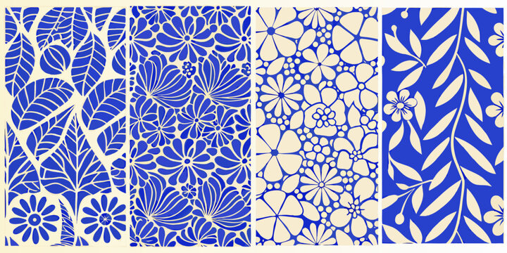 Floral pattern quartet four distinct blue and white designs