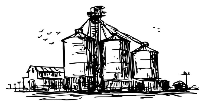 Grain silos and farm elevators in rural landscape hand drawn ink sketch style