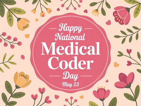 Happy national medical coder day may 23 greeting card design with floral frame and pink circular badge