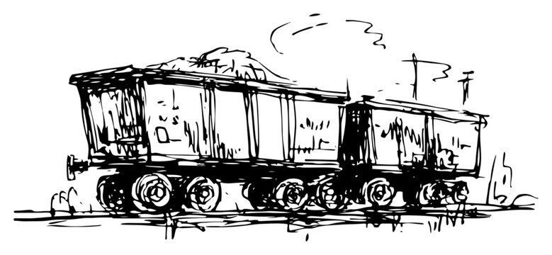 Freight train wagons carrying coal or gravel on tracks in artistic sketch style