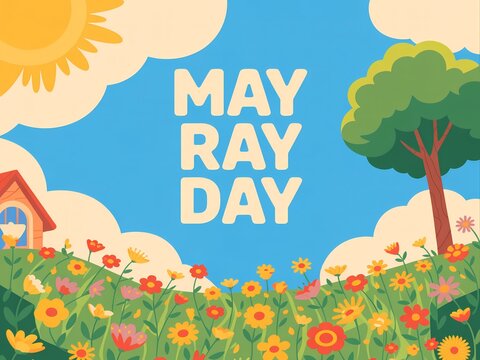 May ray day celebration poster with sunny landscape, flowers, and tree