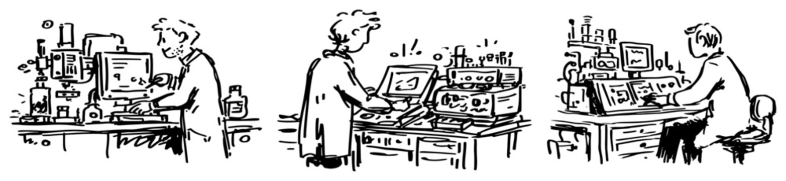 Scientists working in laboratory with electronic equipment and computers in expressive hand drawn sketch style
