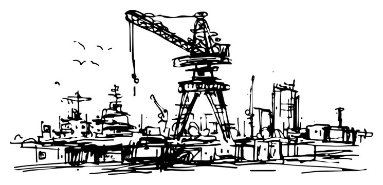 Industrial shipyard with large crane and docked vessel in messy hand drawn sketch style