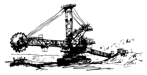 Massive bucket wheel excavator in open pit mining landscape industrial sketch style © AdrianGebert