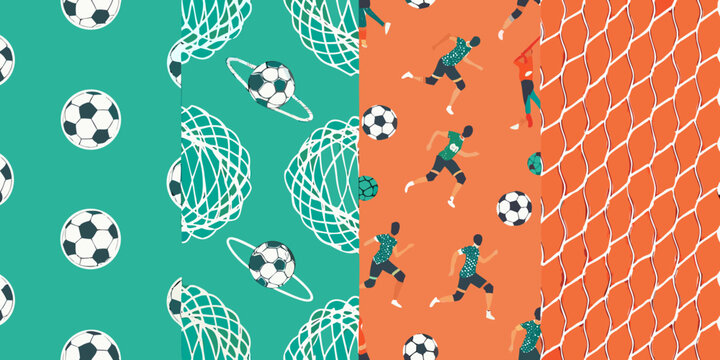 Soccer pattern with balls goals and players colorful vector illustration