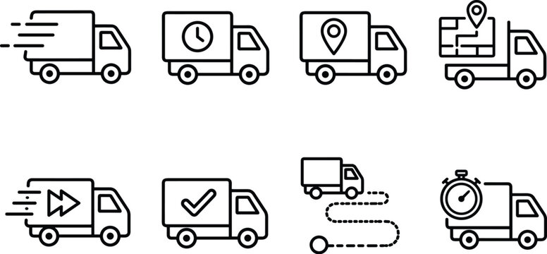 Delivery Truck Icon Set Featuring Shipping, Speed, and Location Tracking for Logistics, Transportation, and E-commerce Designs