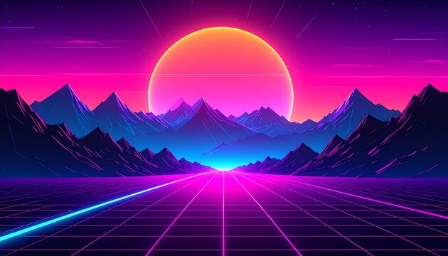 Neon retro landscape with glowing sun and mountains