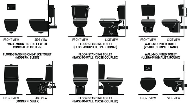 Toilet and Bathroom Fixture Icon Set Featuring Modern, Wall-Mounted, and Floor-Standing Toilets for Bathroom, Plumbing, and Design Projects
