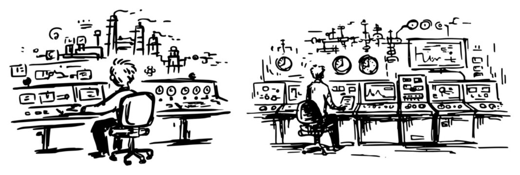 Control room operator monitoring industrial systems on dashboard in hand drawn doodle sketch style
