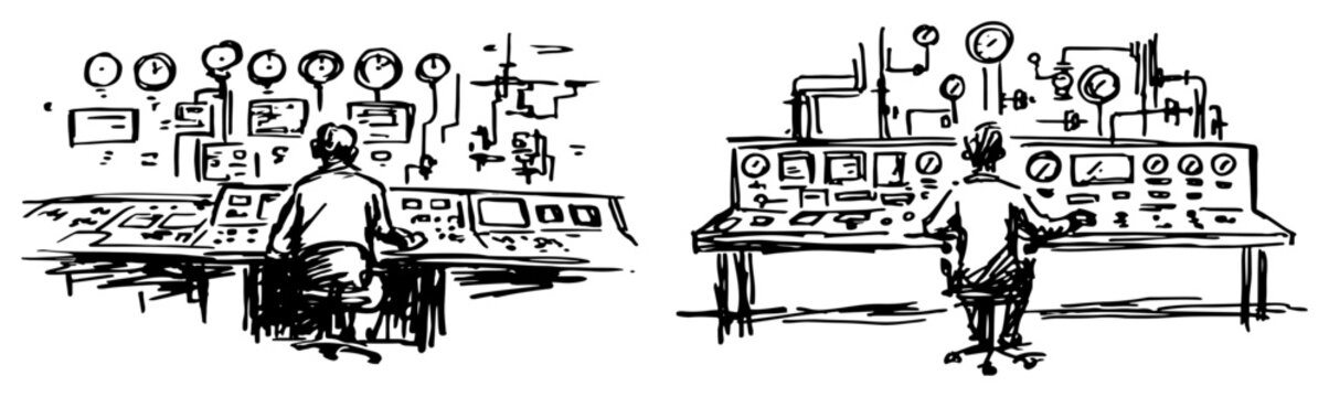 Control room operator sitting at industrial console with dials and gauges in sketchy hand drawn style