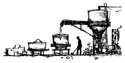 Industrial facility with storage silos and worker at loading area in messy hand drawn sketch style © AdrianGebert