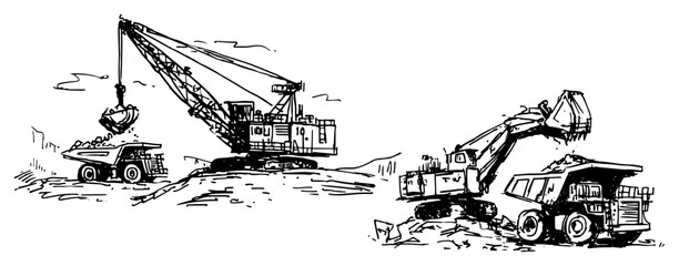 Mining machinery including excavator and dump truck at construction site in hand drawn sketch style © AdrianGebert