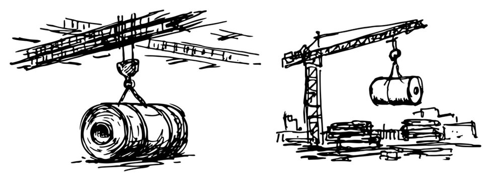 Construction crane lifting heavy steel coil at industrial site in hand drawn sketch style