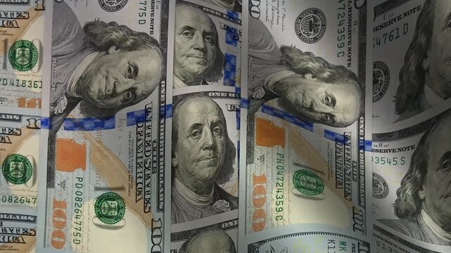 Seamless artistic flow through layered waves of hundred dollar bills where shifting light on detailed banknotes evokes a sense of prestige and institutional financial security