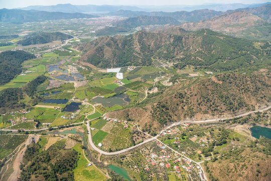 Aerial View of Dalaman Valley in Mugla, Turkey. View with wetlands and mountainous landscape.