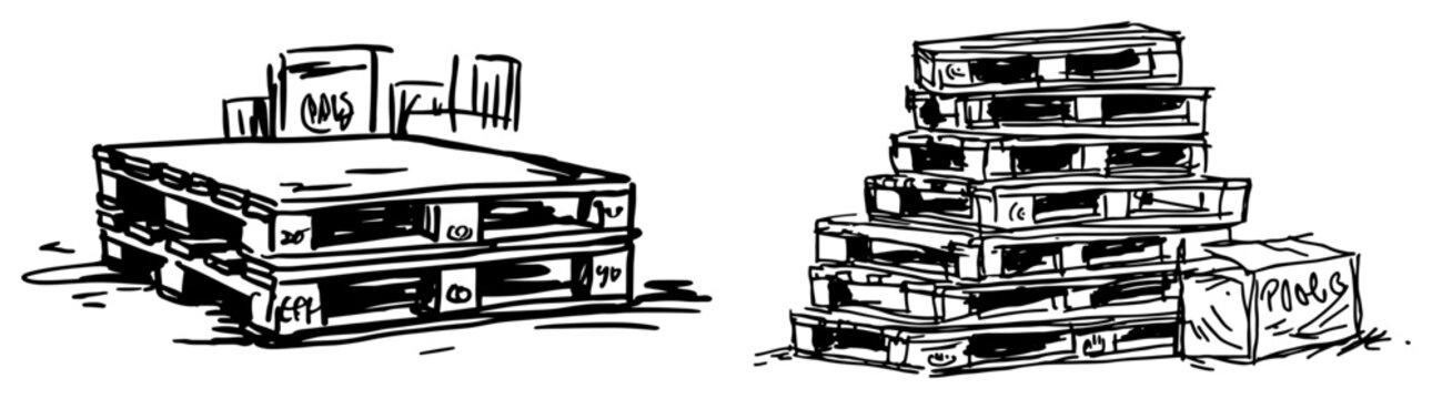 Wooden pallets stacked in warehouse storage area in rough hand drawn sketch style