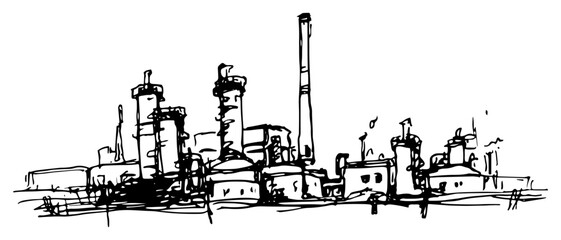 Obraz premium Industrial refinery plant with tall chimneys and processing units in hand drawn sketch style