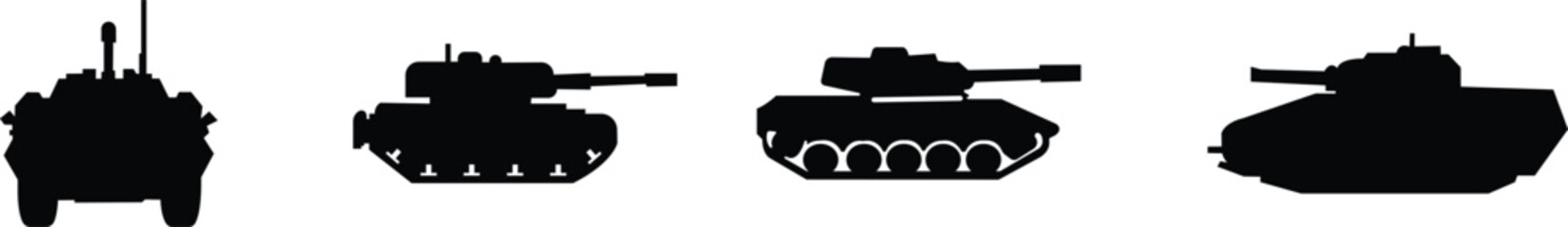 Military armored vehicle tank silhouette set collection and group in black flat style featuring combat transport carrier artillery machine army defense war icon bundle © Sattar