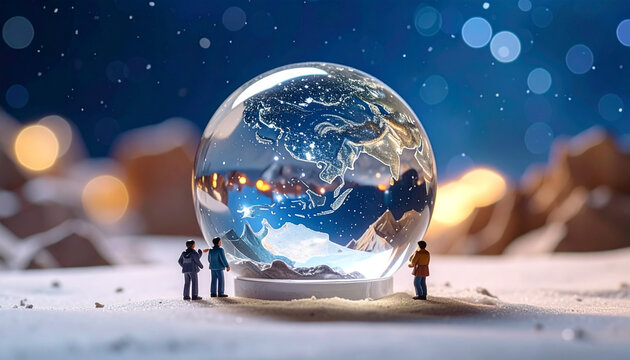 People observe illuminated earth within a glass globe against bokeh background