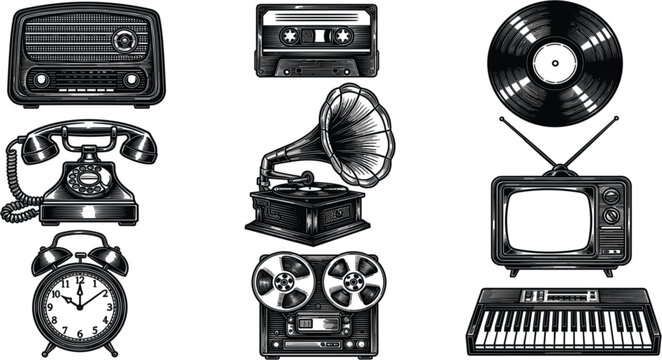Vintage technology vector collection featuring radio, television, cassette, gramophone, telephone, vinyl record, and retro media devices