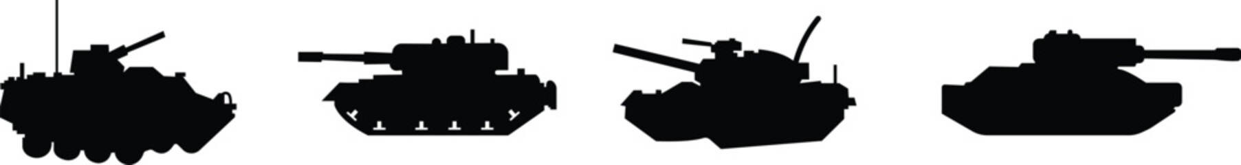 Military armored vehicle tank silhouette set collection and group in black flat style featuring combat transport carrier artillery machine army defense war icon bundle © Sattar