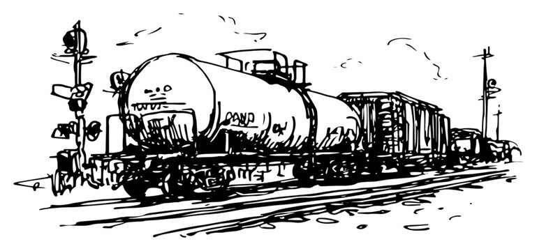 Railway tanker wagon transporting liquid cargo on tracks in expressive hand drawn sketch style