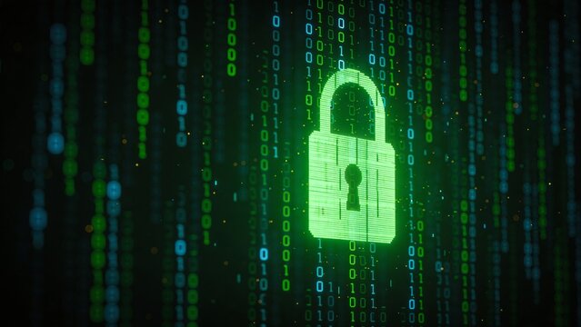 Hacker Protection Visualization with Binary Rain and Digital Lock